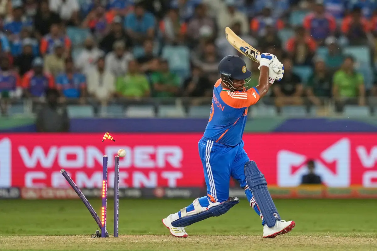 Sanju Samson bowled by Haris Rauf during the 2025 Asia Cup match between India and Pakistan at Dubai International Cricket Stadium, September 21, 2025.